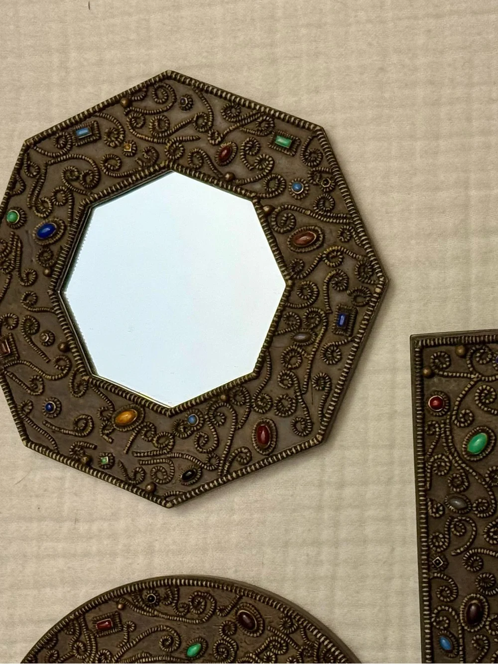 Ornate Bronze Tuscan Multicolor Faux Beaded Accent Decor Wall Mirrors Set Of 3